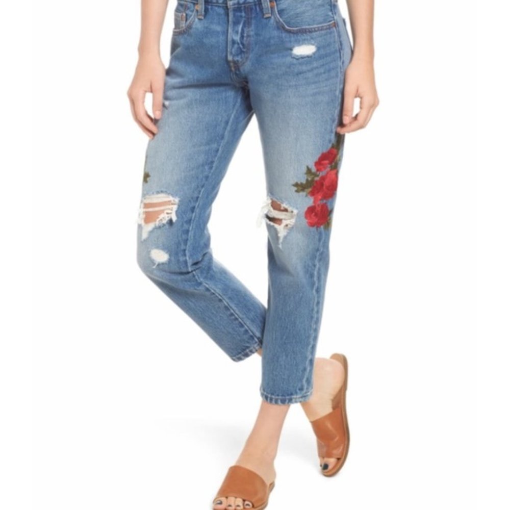 Levi's 501 Rose Embroidered Crop Taper Jeans Sz 24